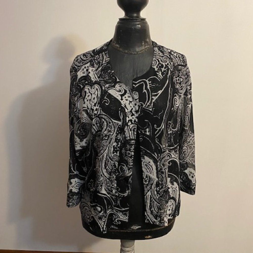Travel Smith Black, White print open sheer cardigan, size Large